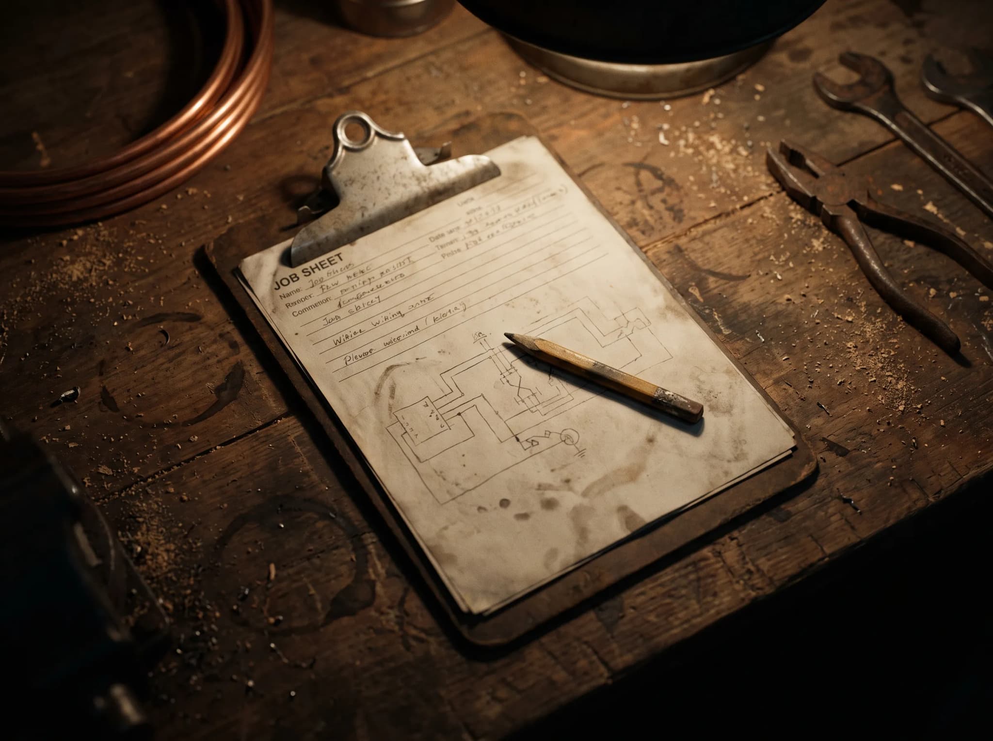 A job sheet and wiring sketch on a workbench