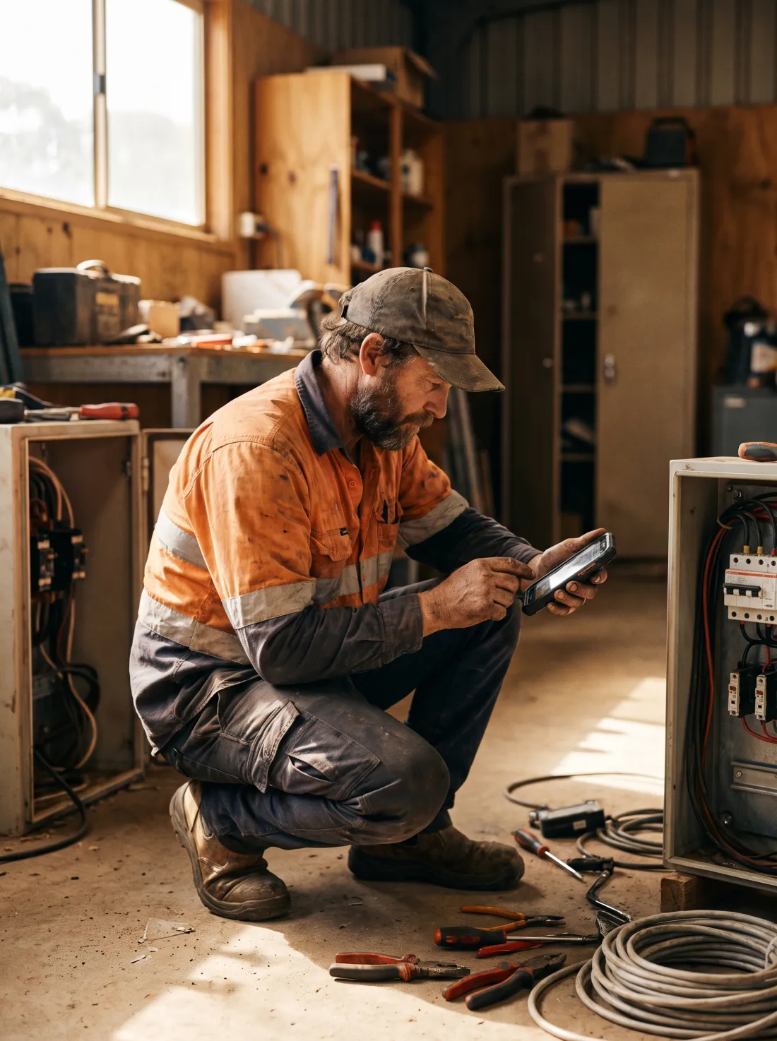 An electrician checking a phone beside an open switchboard