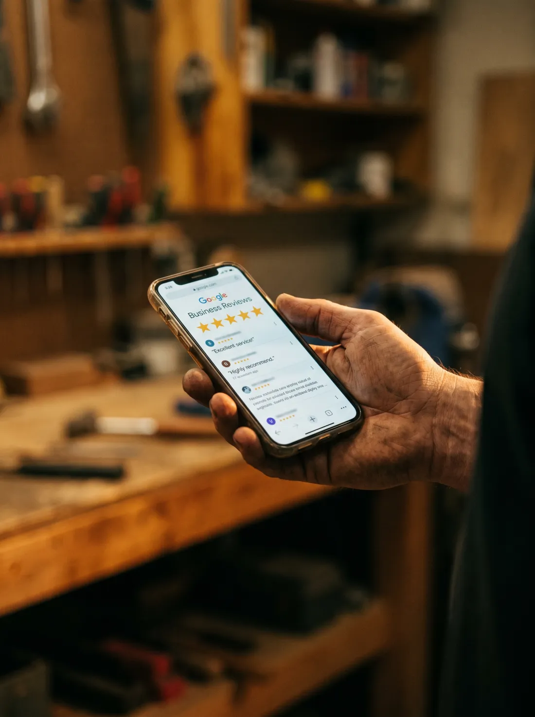Hand holding a phone showing Google reviews