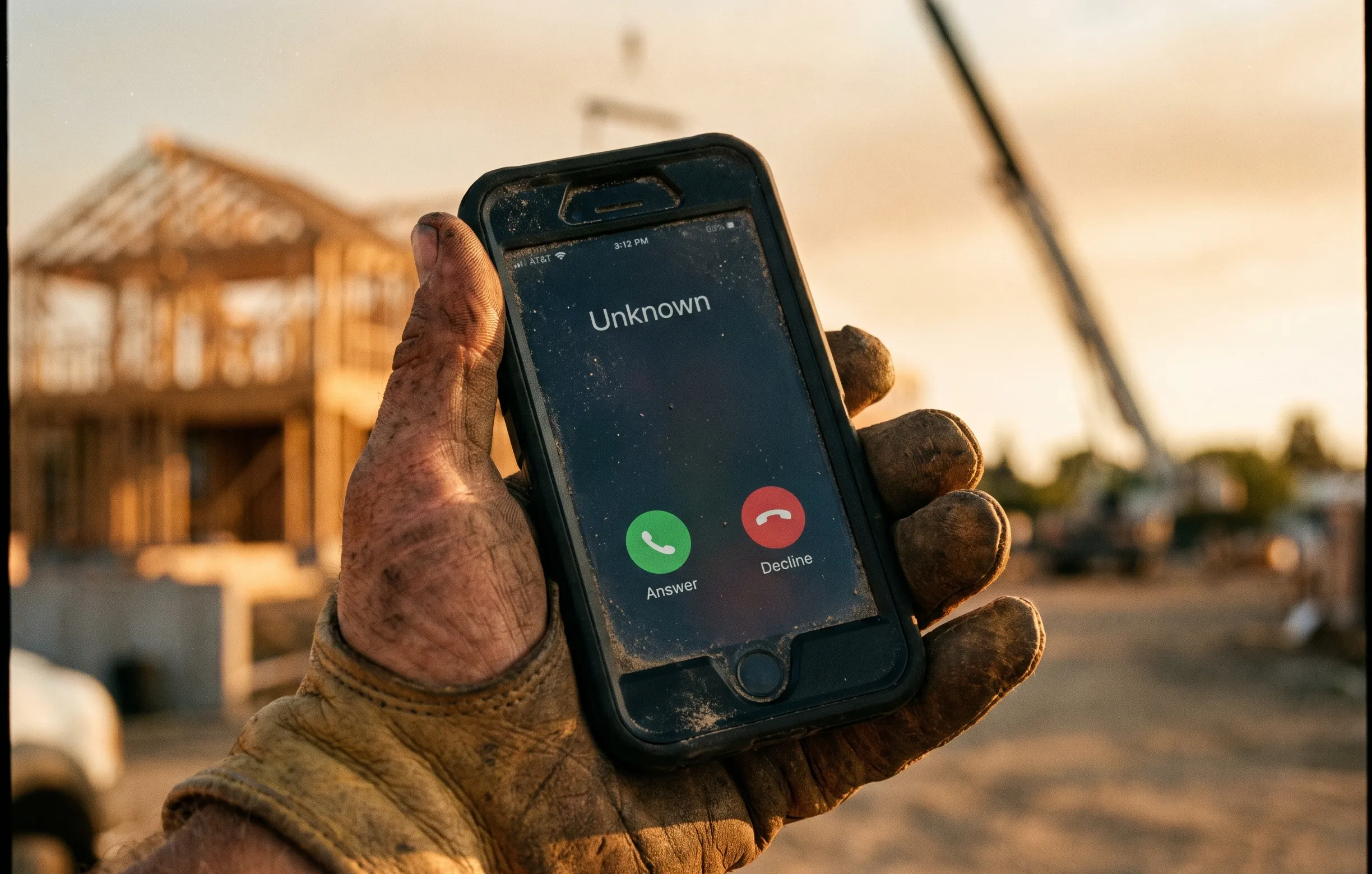 A work phone left on a dusty trade bench beside tools