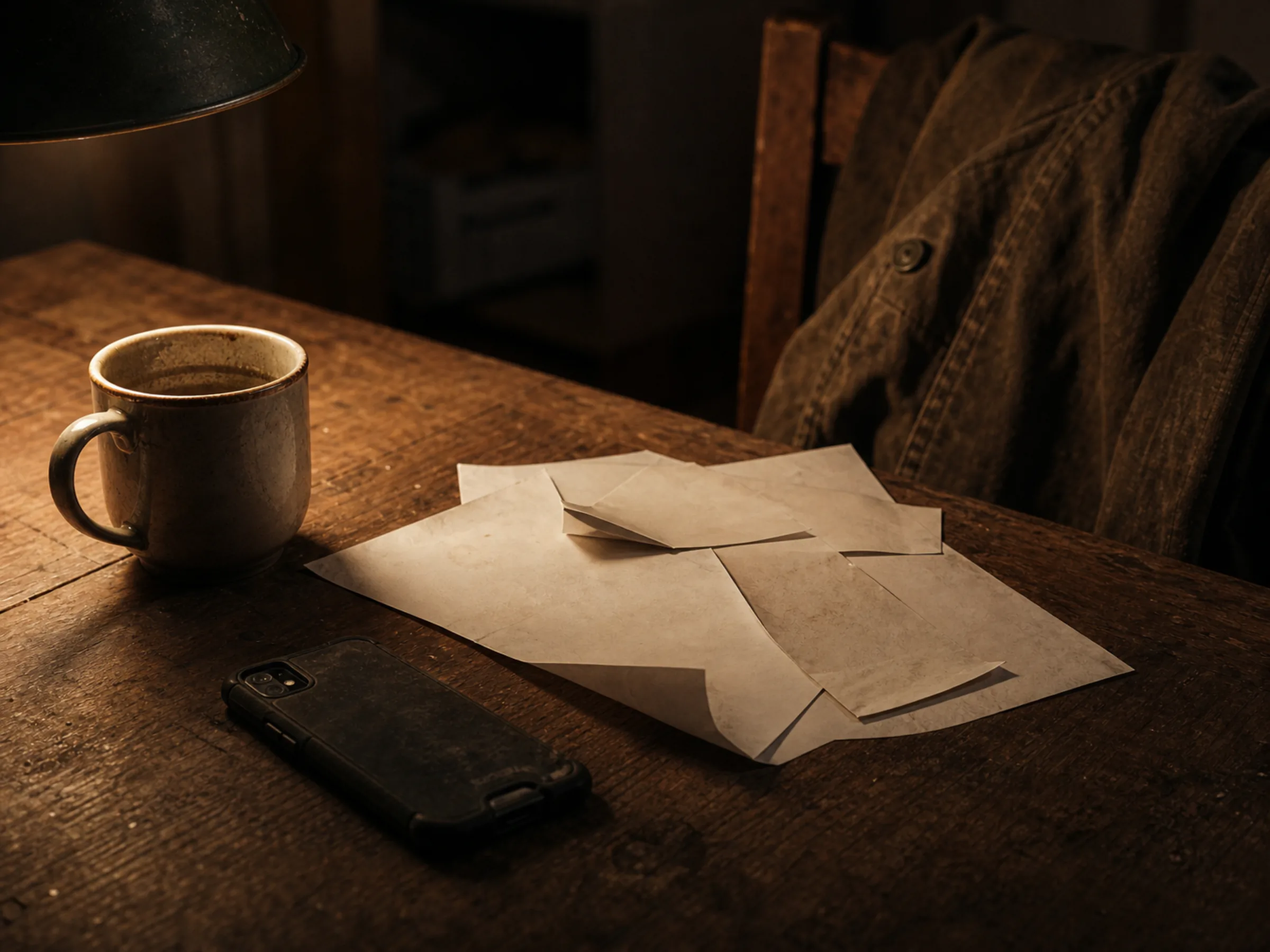 Late-night trade paperwork under a work lamp