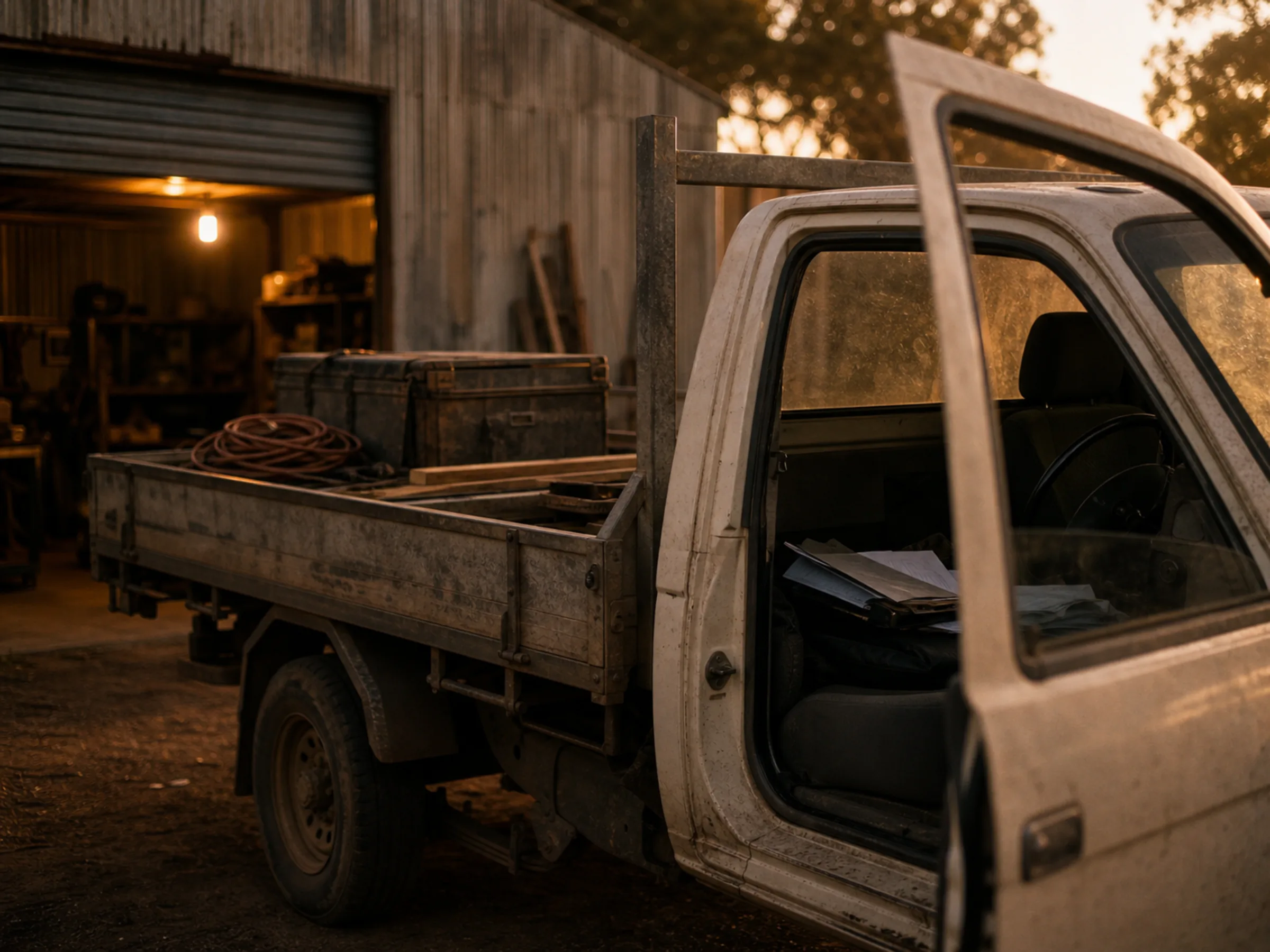 A work ute parked outside a workshop at dusk