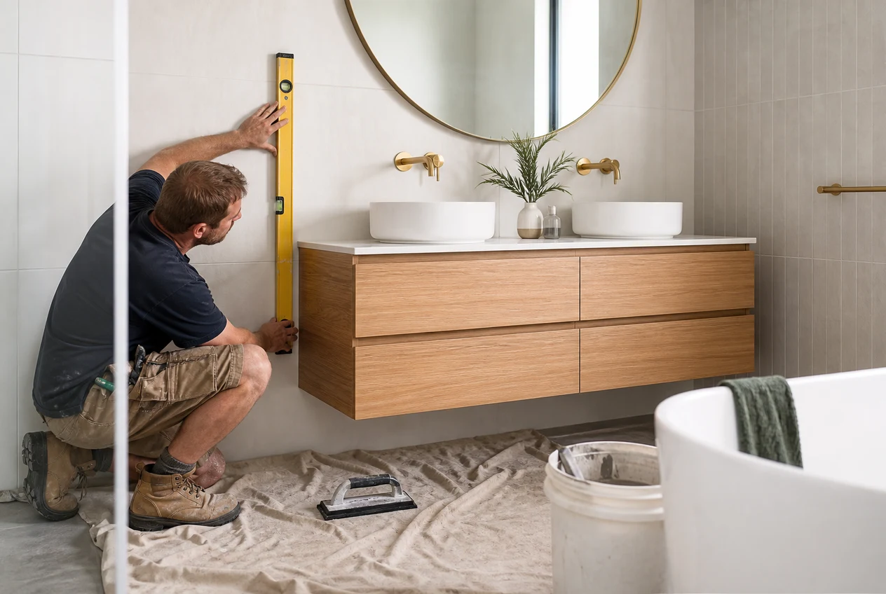 A tablet with an abstract glowing screen on a newly tiled bathroom vanity beside a grout float and spirit level