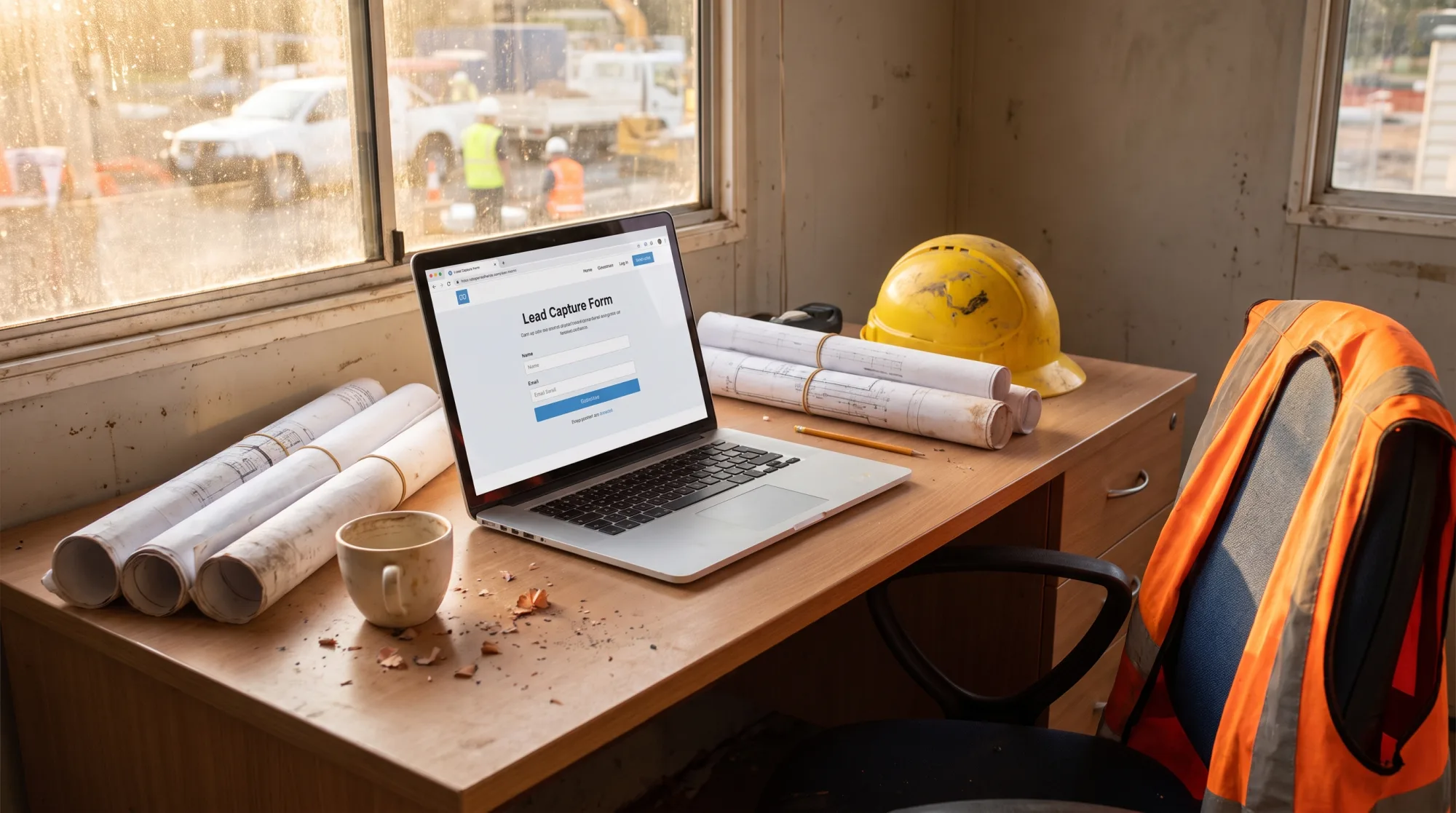 A builder's site-office desk with a laptop showing a lead capture form, beside rolled plans and a hard hat