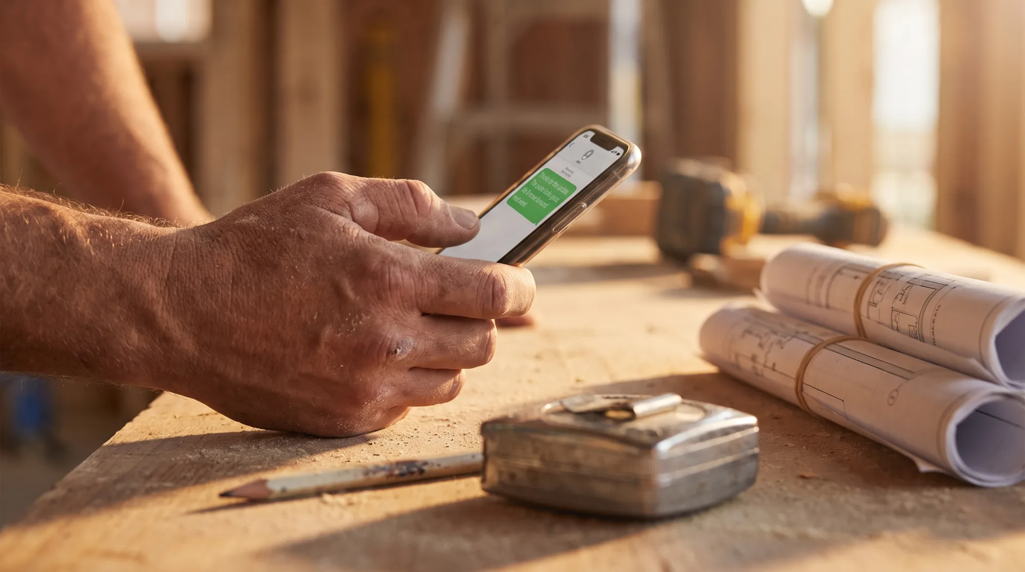 A builder reading a quote follow-up text message beside rolled building plans on a site table