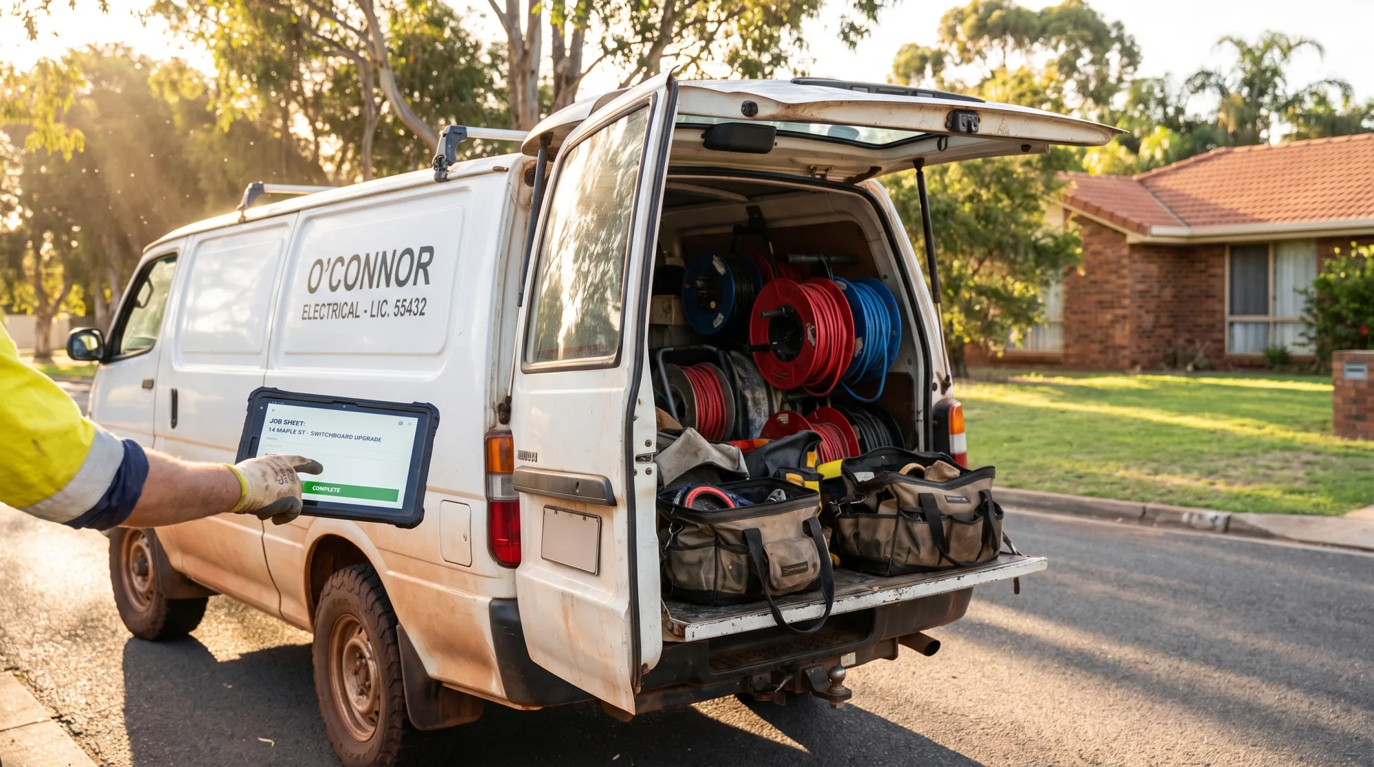 An electrician's job sheet on a tablet mounted in the back of a work van, tools and cable reels around it