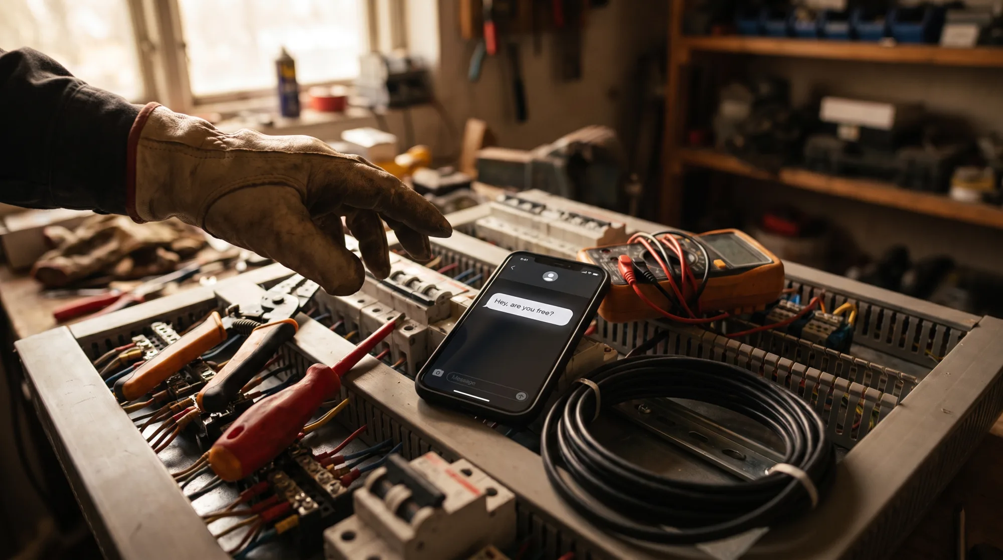 A phone lit up with a text message beside an open switchboard and electrical tools