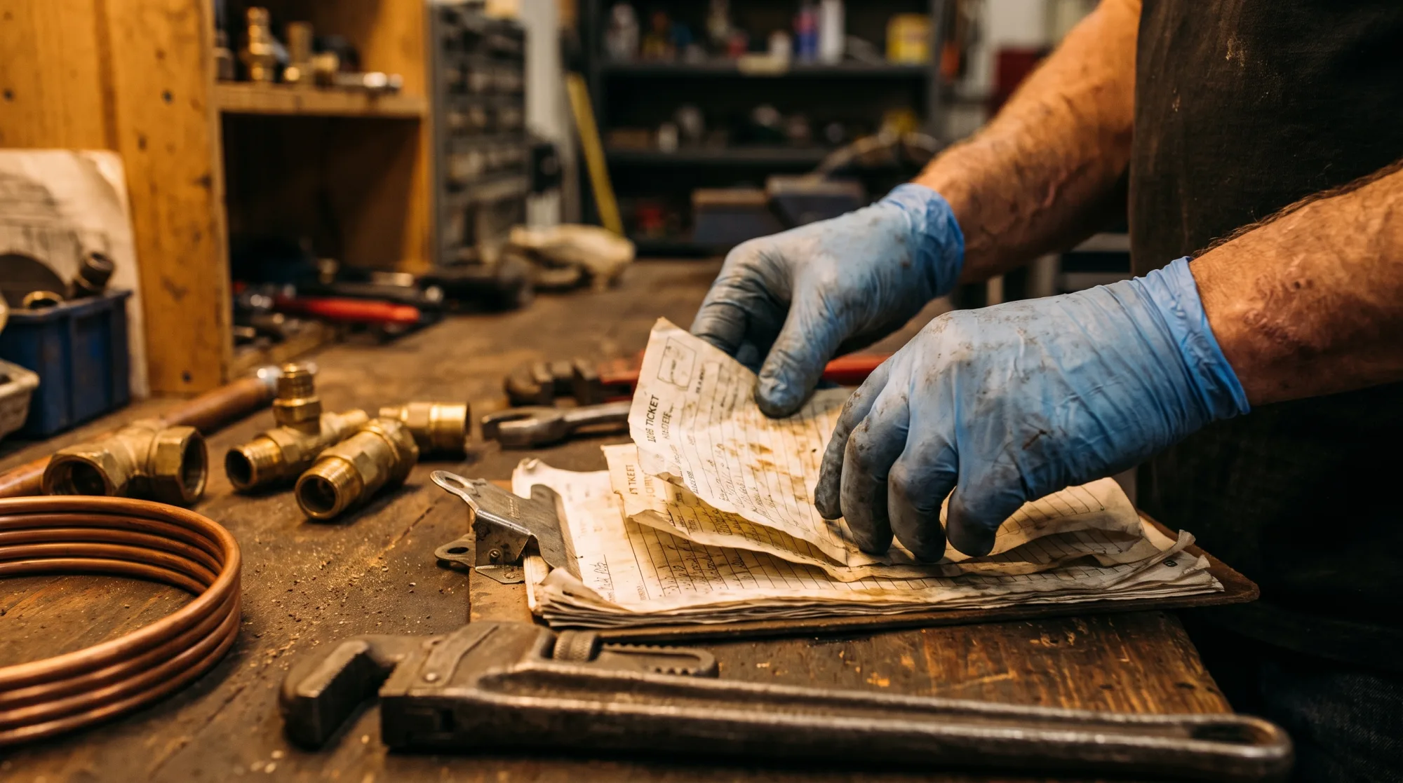 A plumber sorting job tickets on a clipboard beside pipe fittings and tools
