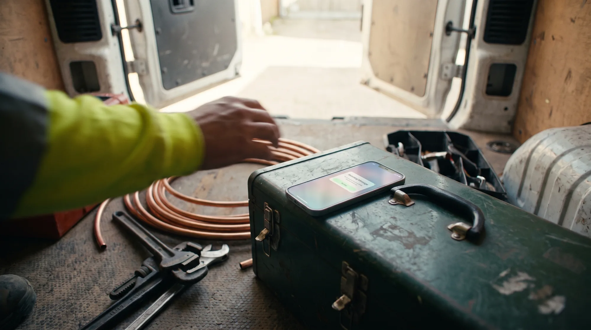 A phone lit up with a text message on a plumber's toolbox in the back of a work van