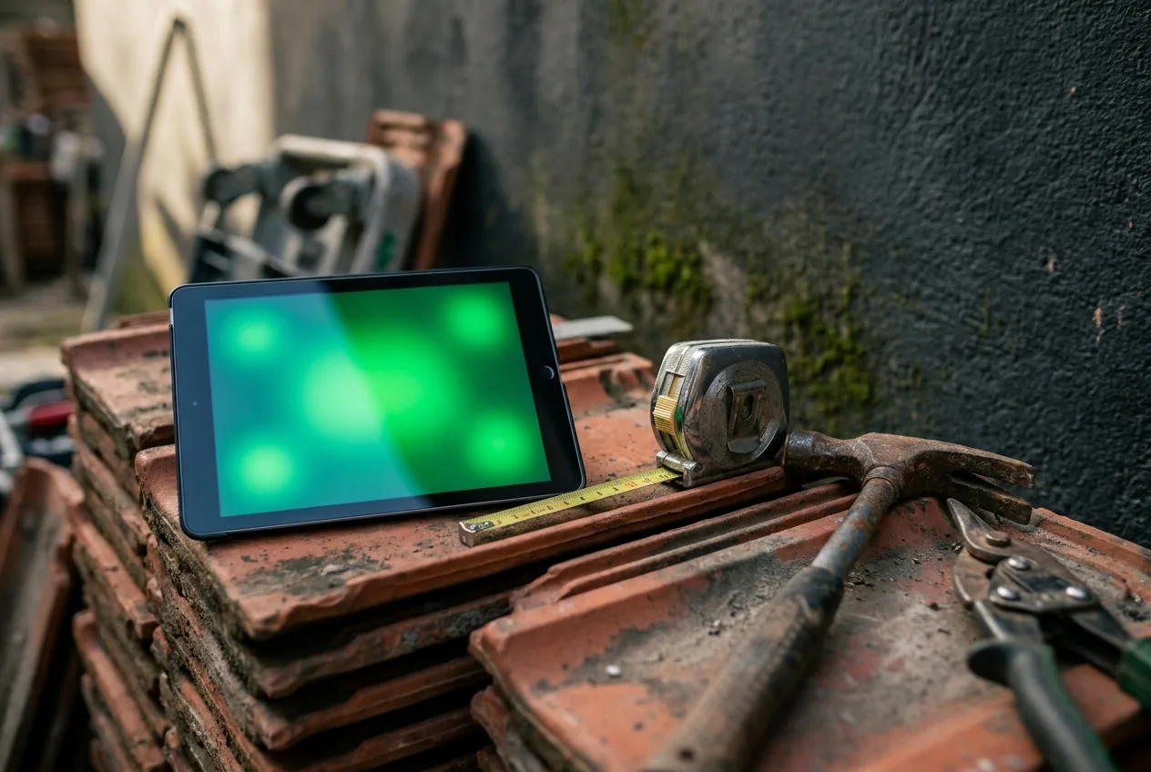 A tablet with an abstract glowing screen resting on a stack of roof tiles beside a tape measure and worn roofing tools on a job site