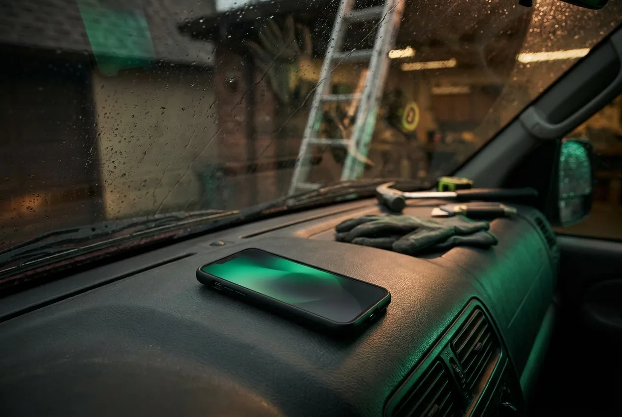 A phone with an abstract glowing screen resting on a work van dashboard in the rain, roofing tools and a ladder visible through the windscreen