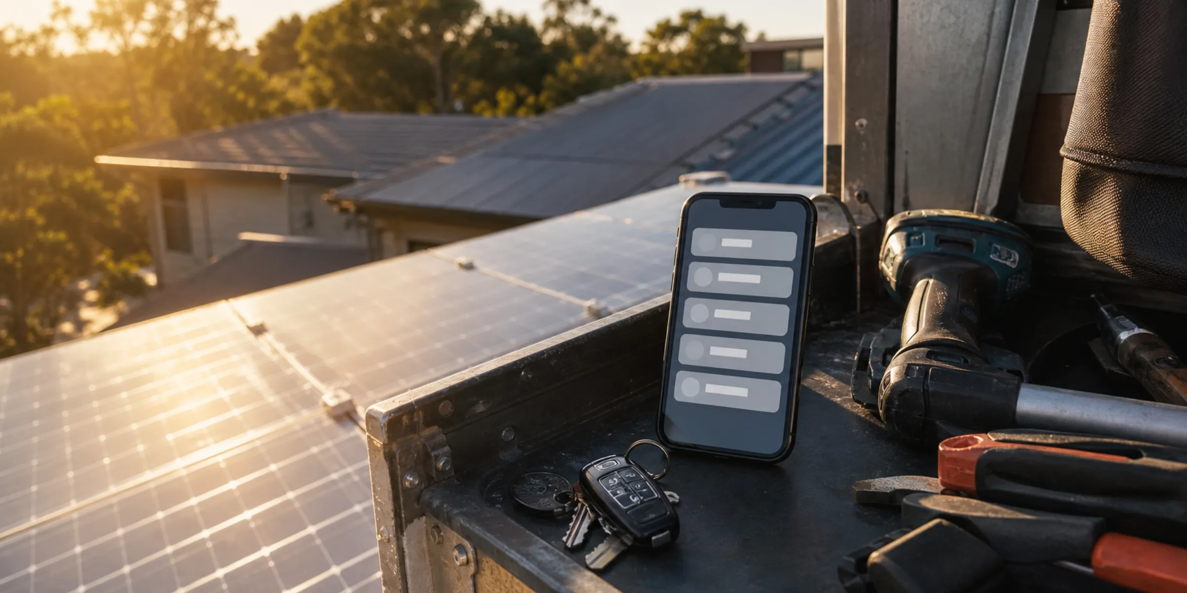 Qualified solar enquiries arriving beside installation tools and panels