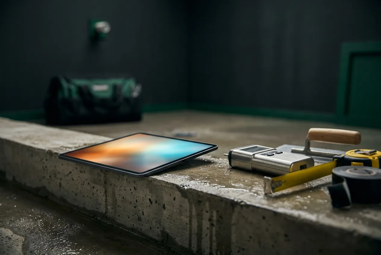 A tablet with an abstract glowing screen resting on a wet concrete ledge beside a moisture meter, trowel and tape measure
