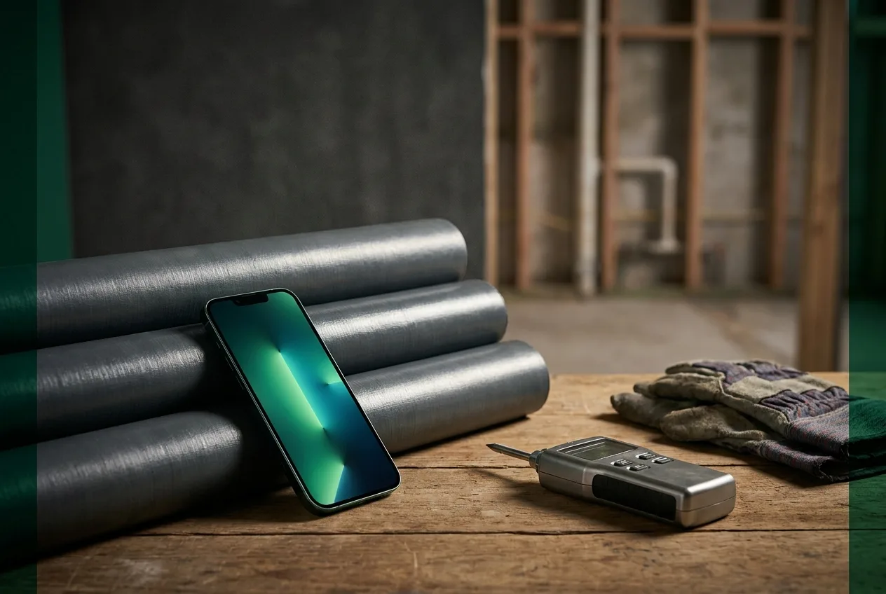 A phone with an abstract glowing screen leaning against rolls of waterproofing membrane on a job site, with a moisture meter and work gloves nearby