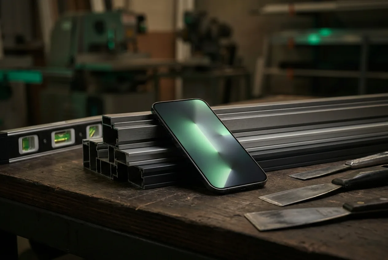 A phone with an abstract glowing screen leaning against aluminium window frame samples on a workbench, with a spirit level and glazing tools nearby