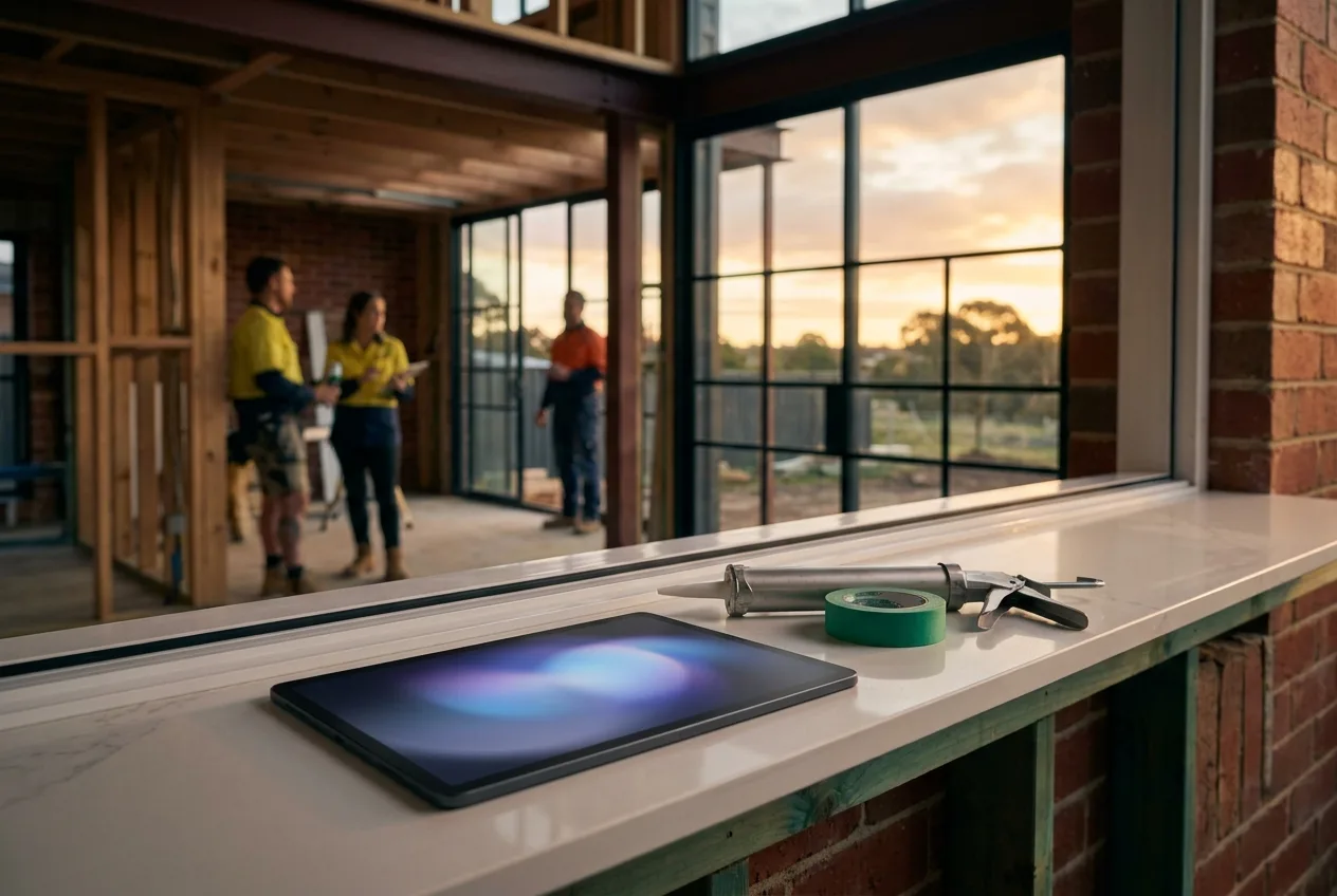 A tablet with an abstract glowing screen resting on a windowsill at a site handover, a caulking gun and tape beside it, installers visible in the background